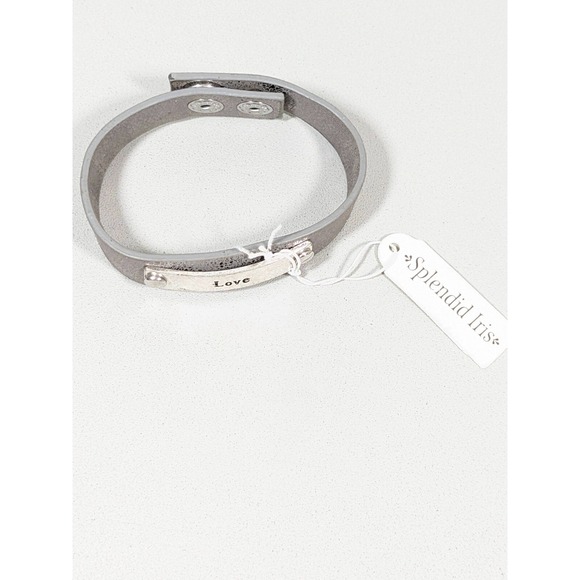 Splendid Iris Gray Faux Leather Love Silver Tone Bar ID Snap Cuff Bracelet 7.5" - Picture 2 of 8